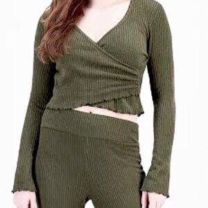NEW! Planet Heart Faux Wrap Top Ribbed Long Sleeve Camo/Olive Green V-Neck Small